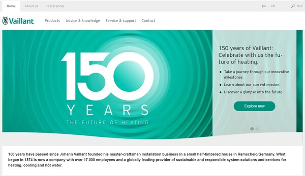  사진은 독일의 히트펌프 제조사 베일란트(Vaillant)의 홈페이지. 최근 판매 부진으로 100명을 감축했다.