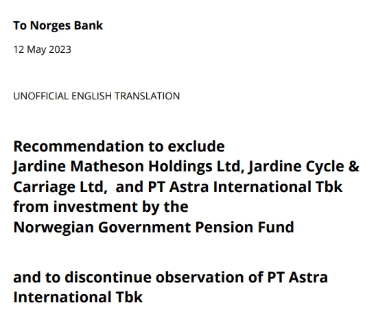  노르웨이국부펀드를 운영하는 노르웨이은행투자관리(NBIM)에 윤리위원회가 보내는 권고 문서.