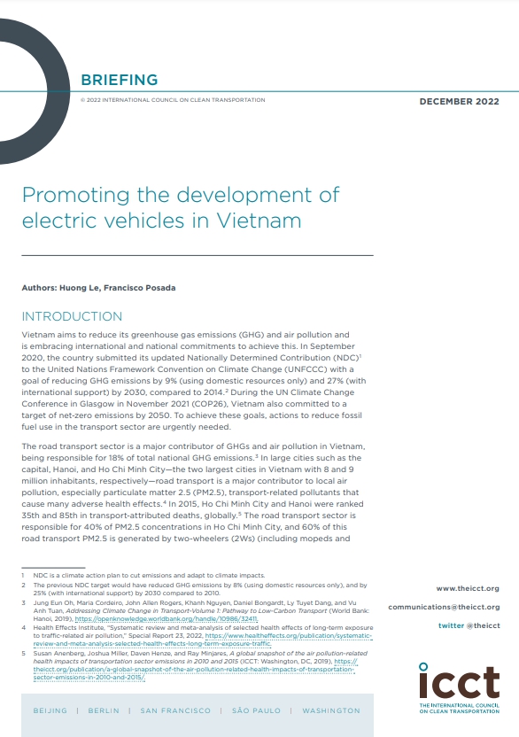  국제청정교통위원회(ICCT)가 지난 2022년말에 발간한 베트남 전기차에 관한 보고서 표지.