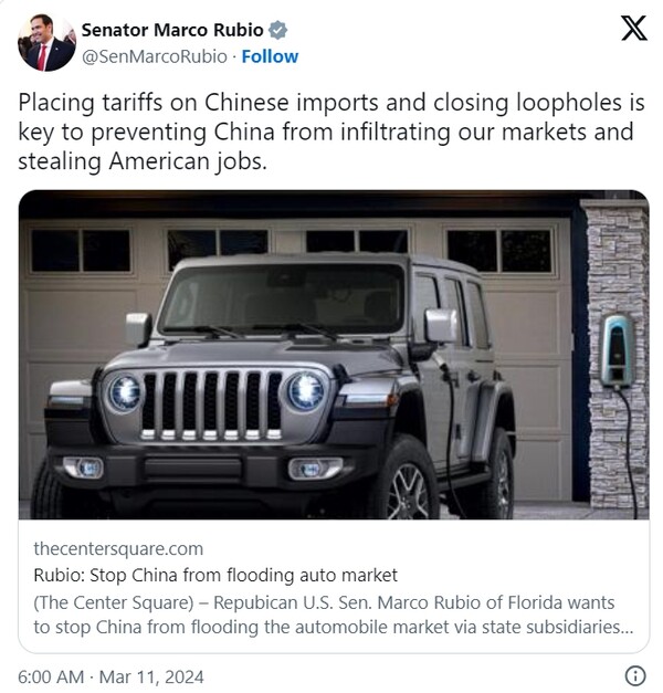  미국 상원의원 마르코 루비오가 SNS X에 업로드한 중국 EV에 대한 대책.