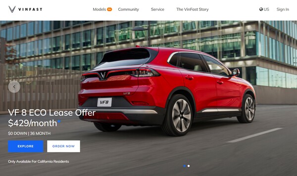  베트남의 EV제조사 빈패스트의 미국 홈페이지.