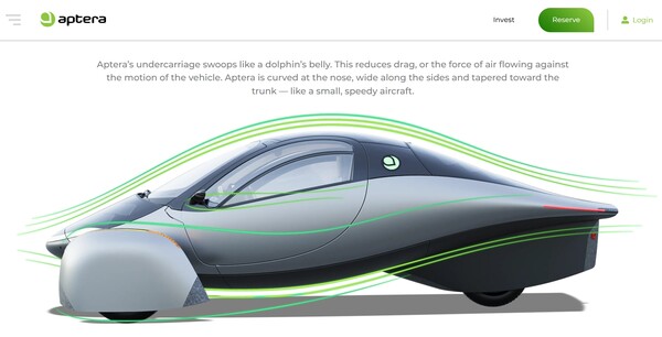  앱테라의 첫 차량은 2인승 3륜 차다. 유선형으로 공기 저항이 매우 적다고 한다./홈페이지