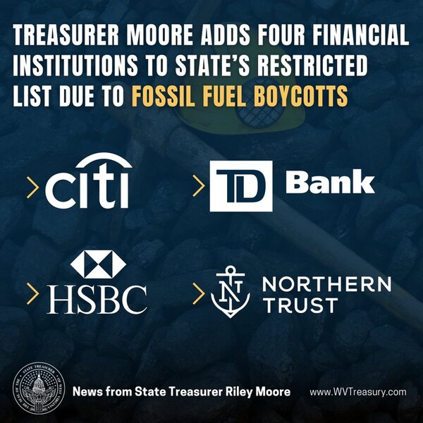 미국 웨스트버지니아주가 금융회사 4곳이 화석 연료 산업을 보이콧했다는 이유로 이들을 ESG 블랙리스트에 추가한다고 발표했다./라일리무어 X