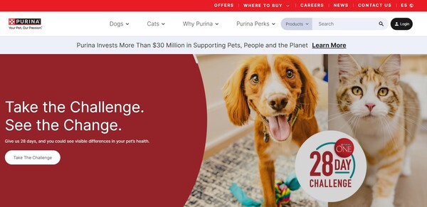  애완동물 사료로 우리에게도 친숙한 브랜드, 퓨리나의 홈페이지.