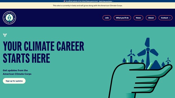  1주일 전에 오픈한 미국기후봉사단(ACC)의 홈페이지 이미지.