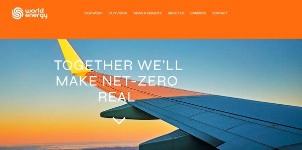  세계 최초로 상업적 규모로 SAF를 생산한 기업인 월드 에너지의 홈페이지.