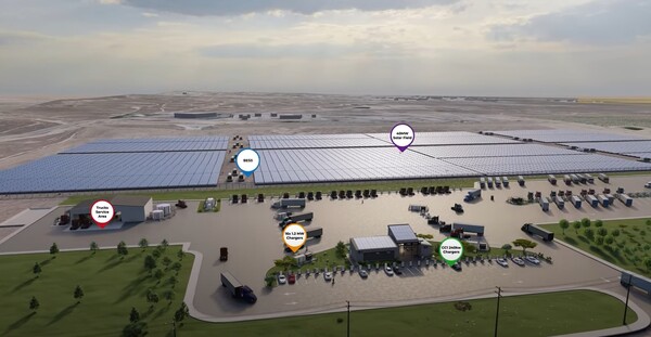  미국 캘리포니아주 베이커즈필드에 들어선 세계 최대의 태양광 트럭 충전소 전경./왓EV의 유튜브 채널