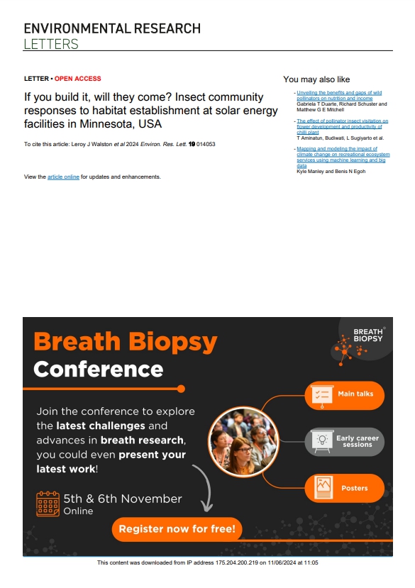  영농형 태양광을 실행하면 곤충의 활동이 활발해저 작물 수확에도 도움이 된다는 연구 보고서의 표지.