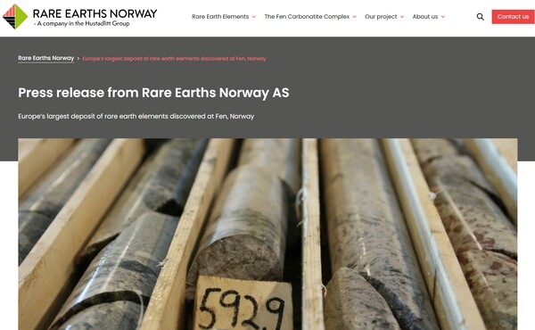  이번에 거대 희토류 매장지를 발견한 레어어스노르웨이의 홈페이지.