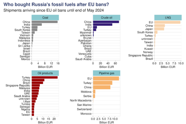 올해 5월말까지 국가별 러시아산 화석연료 수입량 통계를 나타낸 도표.  러시아산 LNG 의존도는 EU가 가장 높다./CREA