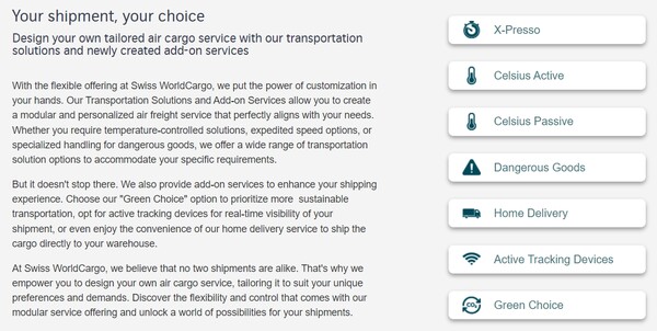  스위스 월드카고의 화물 운송에는 여러 가지 옵션이 있는데 제일 하단에 그린 초이스 옵션이 있다./홈페이지