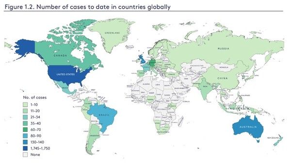기후 소송의 건수를 국가별로 표기한 지도로 소송 건수가 많을수록 짙은 파란색을 띄고 적을수록 옅은 녹색을 띈다. 아프리카 지역은 대부분 흰색으로, 기후소송이 제기되지 않고 있음을 확인할 수 있다./그랜덤 기후변화 및 환경연구소