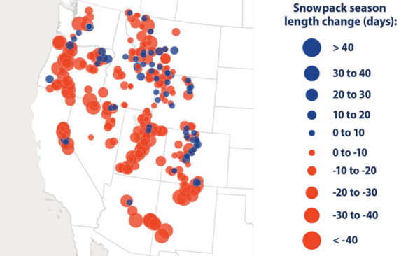 미국 서부의 스노우팩 기간 길이 변화, 1982~2023년 / EPA