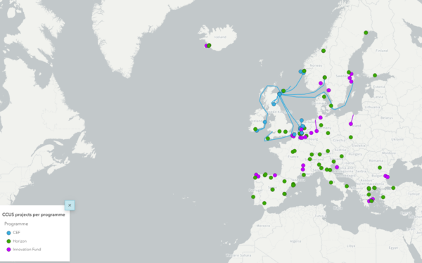 유럽 기후⋅인프라⋅환경 집행기관(CINEA)가 발표한 CCUS 인터랙티브 지도는 홈페이지에서 스크롤을 내리면, 본문 내용과 연관된 정보를 지도에 표시한다./CINEA