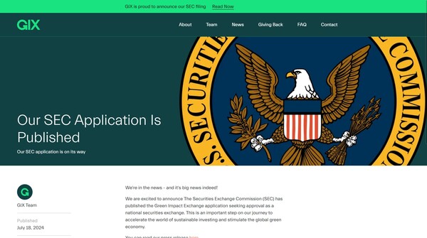  그린임팩트거래소(GIX)는 홈페이지에 미 증권거래위원회(SEC)에 지속가능성 증권거래소 개설 신청서를 제출했음을 18일(현지시각) 공개했다./홈페이지