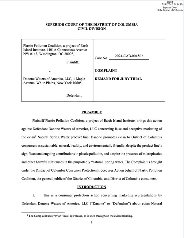  플라스틱오염연합(PPC)가 다농 미국지사를 상대로 제출한 고소장의 첫페이지./PPC 홈페이지