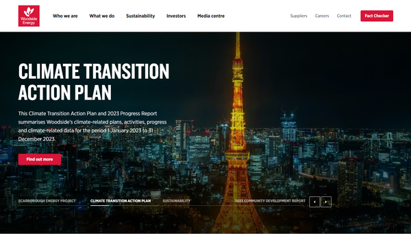  호주의 글로벌 에너지 기업 우드사이드 에너지의 홈페이지.