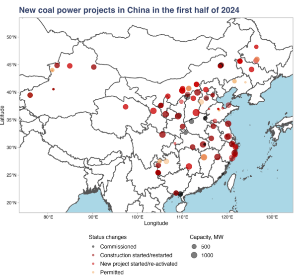 CREA와 GEM이 발표한 보고서에서 중국의 신규 석탄화력발전 프로젝트의 현황을 표시한 지도다. /GEM