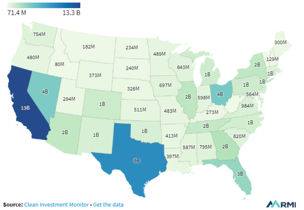 미국 주 정부가 2023년 1분기부터 2024년까지 확보한 기금을 표시한 지도다./RMI