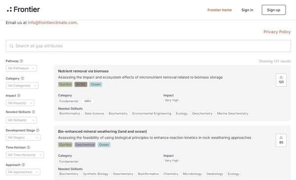 프론티어 홈페이지에 접속하면, 탄소제거 스타트업들에 대한 정보를 확인할 수 있다./프론티어