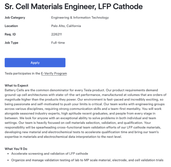  LFP 배터리 관련 업무를 수행할 인력을 모집하는 테슬라의 구인공고.