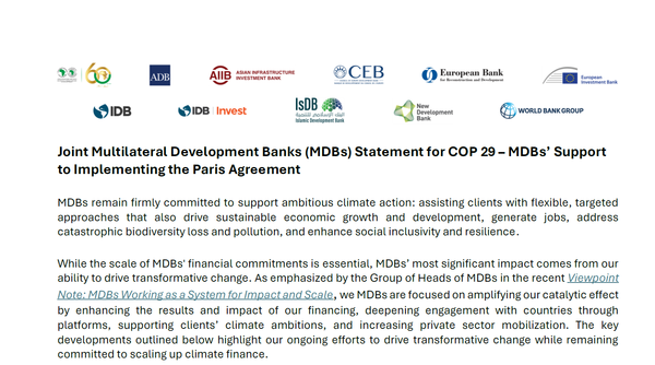 세계은행(WB), 유럽투자은행(EIB), 미주개발은행(IDB)을 포함하는 MDB 그룹은 민간부문자금 유치를 목표로 할 것이라고 전했다./세계은행