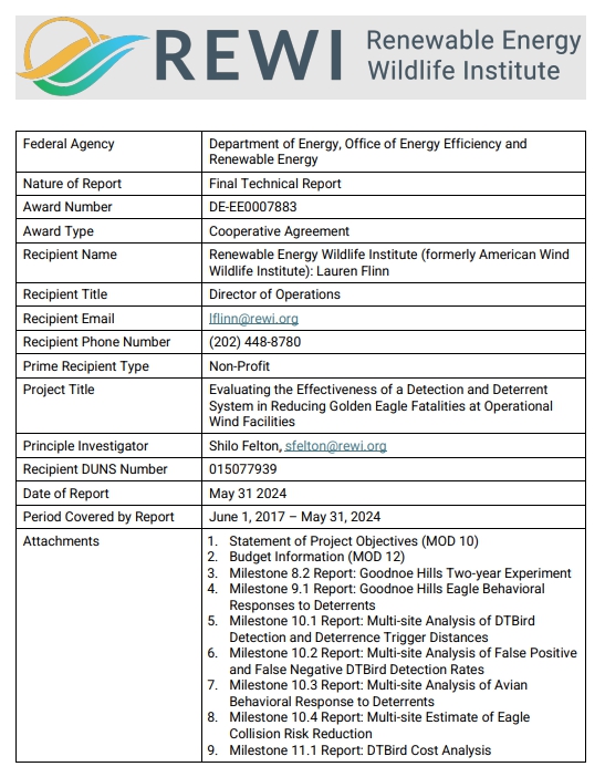  풍력발전소의 터빈에 충돌해 죽는 독수리를 줄이기 위한 연구서의 표지.