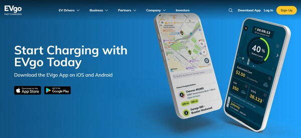  미국의 대형 전기차 충전업체 이브이고의 홈페이지.
