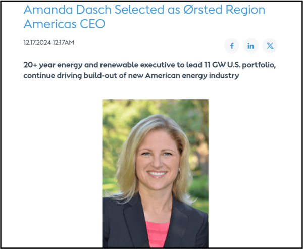 오스테드는 아만다 다쉬 부사장을 미국 법인 대표(CEO)로 영입했다./오스테드