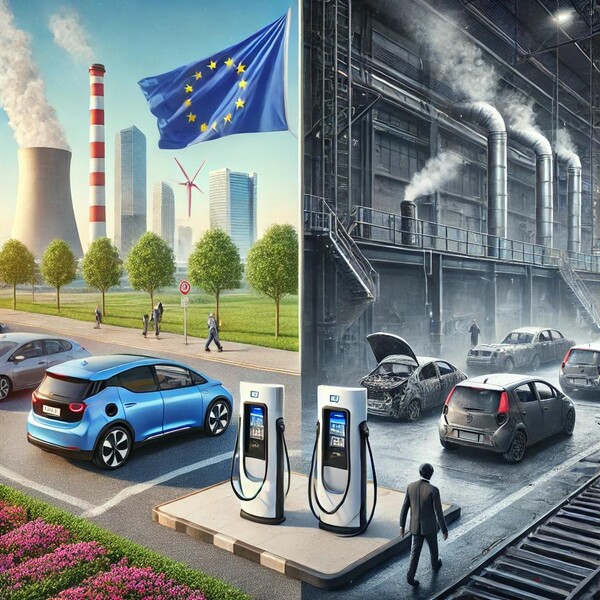 온실가스 감축 목표 달성을 위해 EU에서는 완성차 산업에 규제를 시행하고 있으나, 업계는 이에 맞추기 어려운 현실적인 문제가 있음. / chatgpt 생성 이미지
