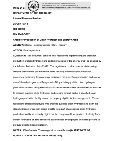  청정수소에 대한 세액 공제 최종규칙의 첫 페이지./미 재무부 홈페이지.