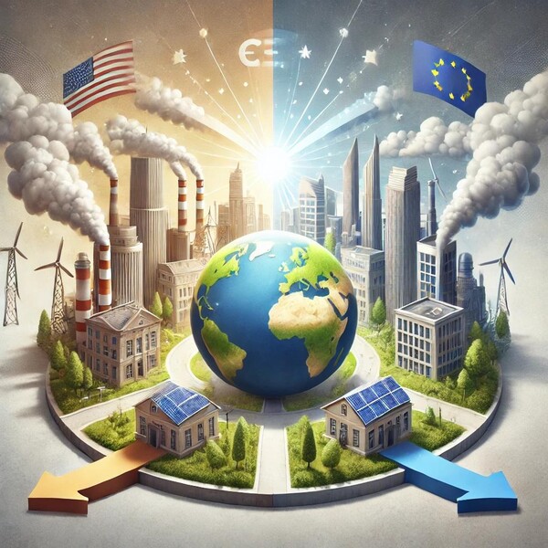 국제적 연합 이니셔티브를 탈퇴한 미국의 금융업계가 탄소중립 목표달성을 위해 유럽의 금융사와 다른 방식으로 노력하고자 한다. / Chatgpt 이미지 생성