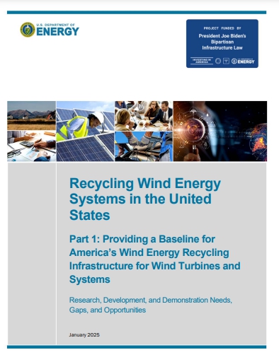  풍력 터빈 및 시스템의 수명 주기를 다룬 '미국 풍력 에너지 시스템 재활용 1부' 보고서의 표지./미국 에너지부 홈페이지.