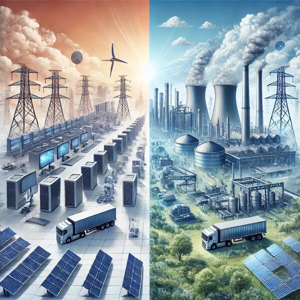 대체에너지를 두고 데이터센터와 탄소포집기술 시장이 경쟁관계에 놓이게 됐다. 지속가능한 공급 확장으로 양 부문의 산업을 함께 도모할 필요가 있다. / chatgpt 이미지 생성