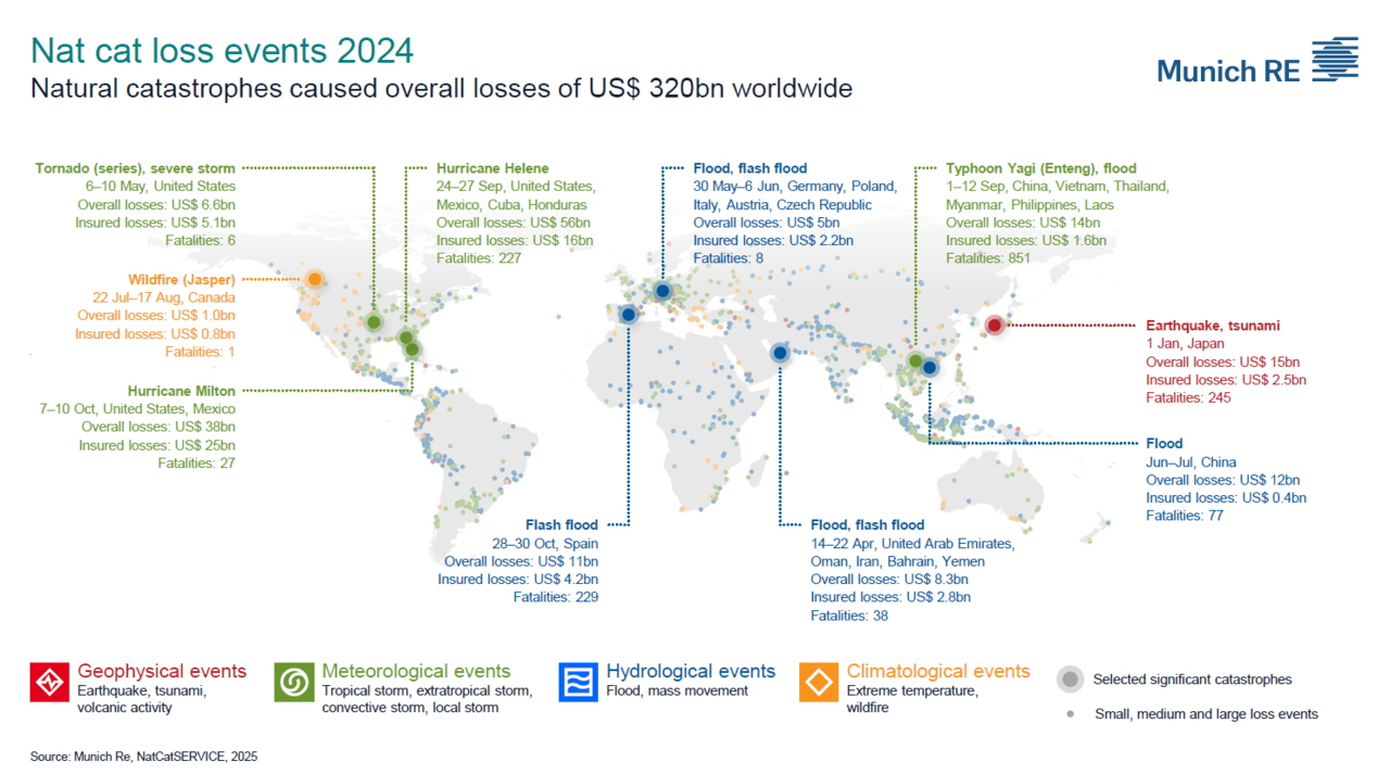 2024년 주요 자연재해와 손실액 / 뮌헨재보험