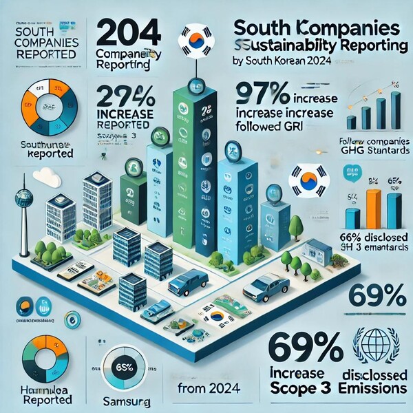 국내 주요 대기업의 지속가능경영보고서 공시가 해마다 증가하는 가운데, 지난해 204개사가 공시했으며 전년(161개사) 대비 27% 가량 증가한 것으로 나타났다. / 챗gpt 이미지 생성