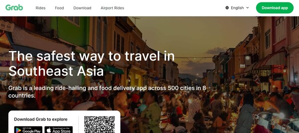  차량 호출 서비스, 음식 배달 등을 하는 애플리케이션 그랩(Grab)의 홈페이지.