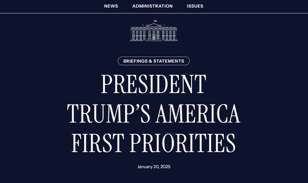  20일(현지시각) 47대 미국 대통령 트럼프가 취임하자마자 파리협정을 탈퇴했다./백악관 홈페이지.