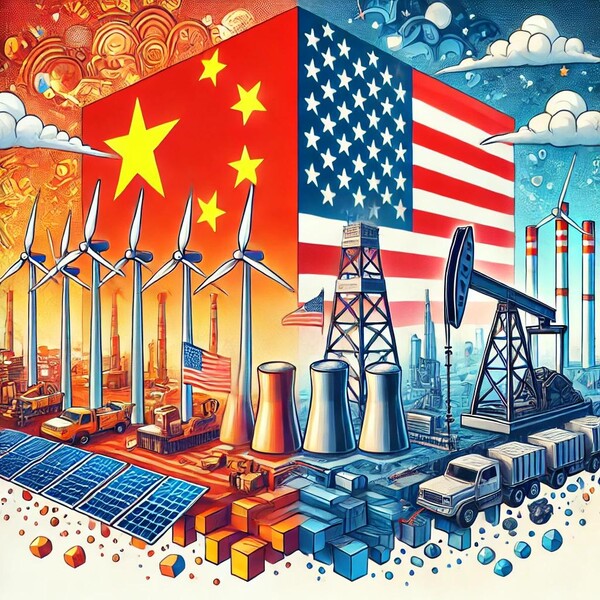 중국의 재생에너지 산업이 급속도로 성장하고 있다. 트럼프 복귀 후 화석연료 산업을 통한 에너지 독립성을 강화하는 가운데, 에너지 시장 경쟁이 일어날 전망이다. / chatgpt 이미지 생성