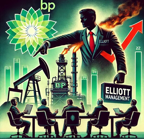 행동주의 투자자 엘리엇이 BP의 지분을 매입하여 대대적인 구조조정을 요구할 가능성이 제기되고 있다./ChatGPT 생성 이미지