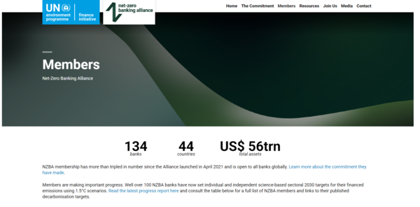 NZBA 회원수 현황 / UNEP Finance Initiative 홈페이지