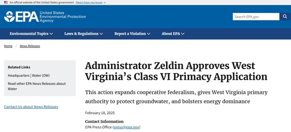  신임 EPA청장 리 젤딘이 웨스트버지니아주에 탄소포집 감독권한을 승인한 내용이 실린 EPA 홈페이지.
