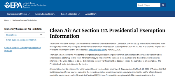 미국 환경보호청이 청정대기법(Clean Air Act) 적용 대상인 일부 발전소, 화학 제조업체 등에게 수년간 규제 적용을 피할 수 있는 방법을 제시했다./미 환경청 홈페이지