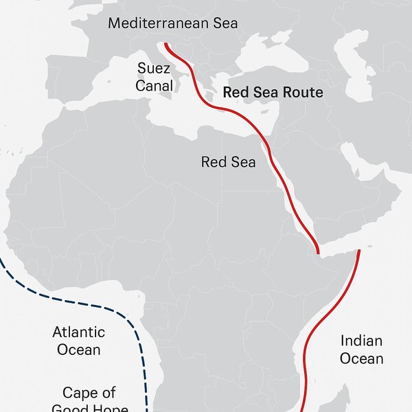 기존 홍해와 연결된 수에즈 운하(빨간선)를 이용하지 못하고, 아프리카 남단의 희망봉(파란 점선)을 따라 우회하는 루트