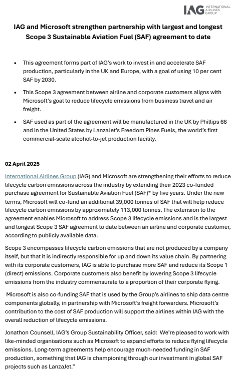  마이크로소프트와 IAG의 사상 최대 규모의 SAF계약서 첫 표지.