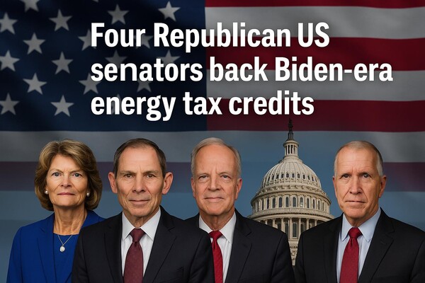 4명의 공화당 소속 상원의원이 IRA의 청정에너지 세제혜택 조항 폐기 보류를 요청했다.​​​​​​​왼쪽부터 리사 머카우스키, 존 커티스, 제리 모런, 톰 틸리스 / chatgpt 이미지 생성