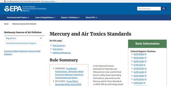MATS에 대해 안내하고 있는 EPA 홈페이지 / EPA
