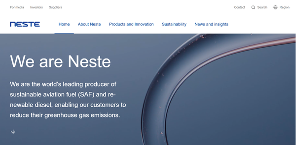  세계 최대 지속가능한항공연료(이하 SAF) 생산업체인 네스테(Neste)의 홈페이지.