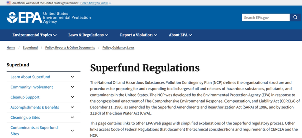  미국 환경보호청(EPA) 웹사이트에서 슈퍼펀드를 설명하는 페이지.