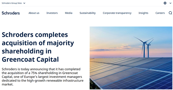  슈로더 그룹의 홈페이지. 슈로더 산하 슈로더 그린코트가 오스테드의 영국해상풍력발전소 지분을 인수했다.